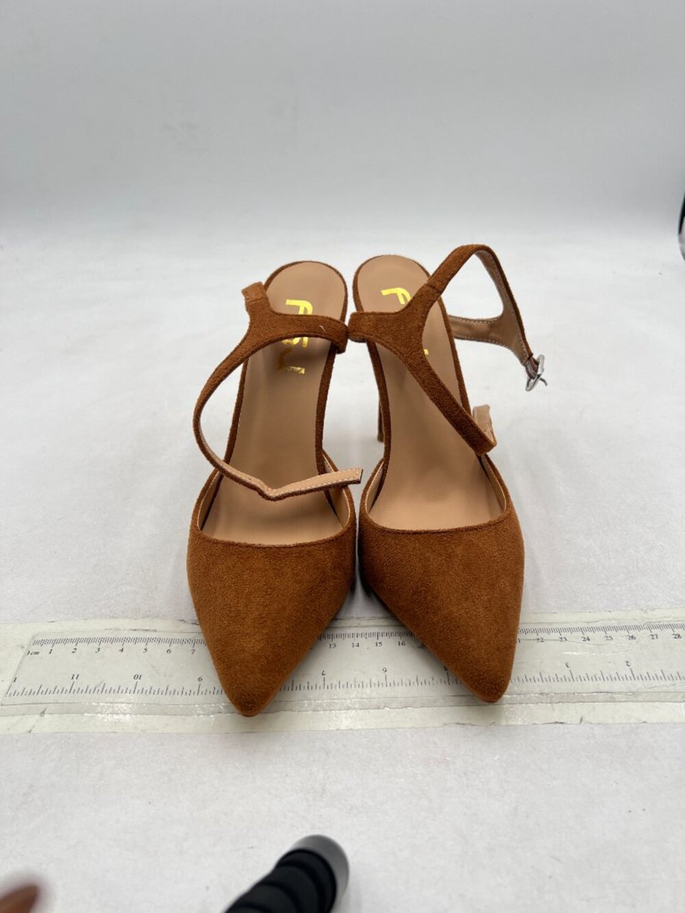 FSJ Brown Vegan Suede Stiletto Heels Pointed Toe Ankle Strap Pumps - Picture 3 of 8